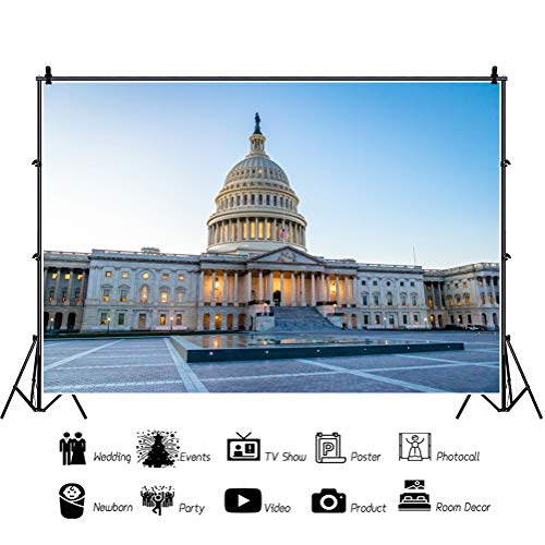 Haoyiyi 10x7ft Vinyl Building Photography Backdrop Capitol Building in Washington DC Flag Square Gothic Style Architecture Background for Kids Adult Wedding Personal Portrait Photo Shoot Props