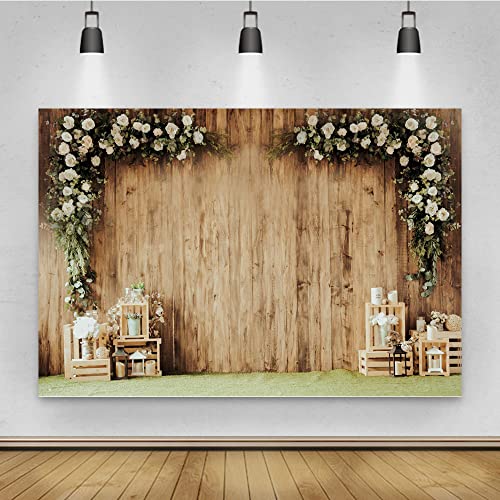 8x6ft Polyester Wedding Backdrop Rustic Floral Flower Wood Wall Backdrop Bridal Shower Reception Ceremony Valentine's Day Photography Background Proposal Party Kids Birthday Party Photo Prop - size: 8x6ft-Polyester