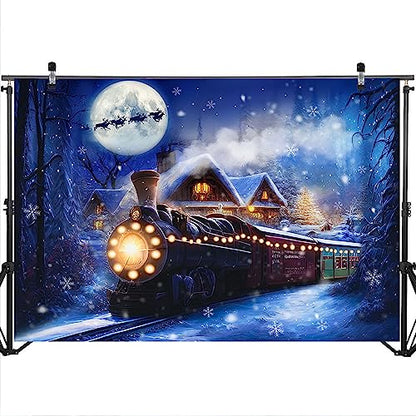 Mocsicka Christmas Train Backdrop for Photography Winter Train Xmas Snow Night Railway Party Background Wonderland Snowflake Portrait Photo Studio Props (7x5ft) - size: 7x5ft