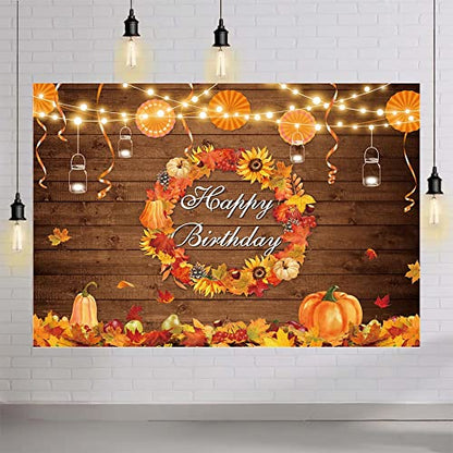 AIBIIN Fall Birthday Banner Backdrop Autumn Rustic Wood Wall Photography Background Thanksgiving Pumpkin Maple Leaf Harvest Wreath Mexican Paper Fan Party Decoration Bday Cake Smash Photo Studio Props - size: 7x5ft