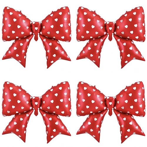 4Pcs Red Bow Balloons Decor 38 Inch/Heart Print coquette Birthday Decorations for Girls Women, Valentines Day, Galentines Party Bachelorette Bridal Shower Wedding Engagement Photo Booth Props - color: Red Heart