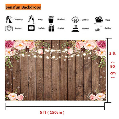 Sensfun 5x3ft Rustic Wood Floral Backdrop for Baby Shower Newborn Studio Picture Photography Retro Wooden Floor Pink Flower Wall Background Wedding Bridal Shower Birthday Party Photoshoot Booth Banner - size: 5X3ft