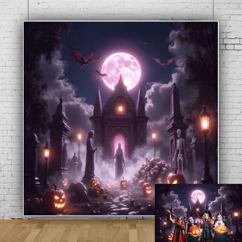 10x10ft Halloween Backdrops for Photography Spooky Full Moon Gothic Graveyard Halloween Photo Backdrop for Photoshoot Bats Skeleton Cemetery Background Hallows' Eve Party Decorations - color: Purple, size: 10x10ft