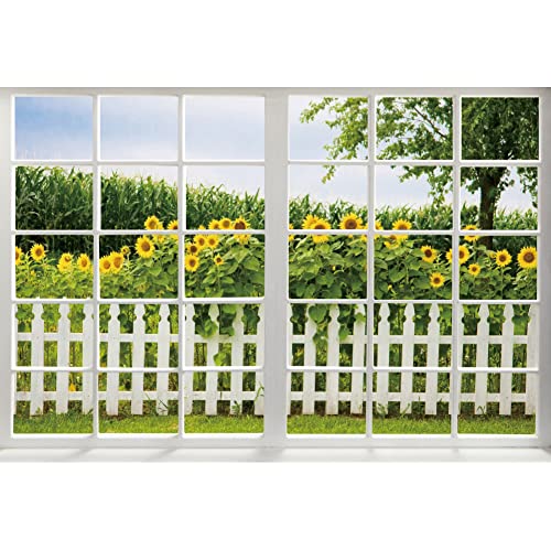 Renaiss 5x3ft Spring Sunflower Window Scenery Backdrop White Fence Yellow Sunflowers Countryside Garden Nature Landscape Photography Background for Girl Woman Wedding Birthday Party Studio Props - color: WSNWH17965, size: 5x3ft