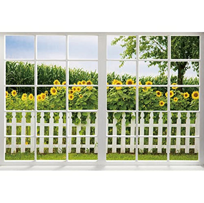 Renaiss 6x4ft Spring Sunflower Window Scenery Backdrop White Fence Yellow Sunflowers Countryside Garden Nature Landscape Photography Background for Girl Woman Wedding Birthday Party Studio Props - color: WSNWH17965, size: 6x4ft