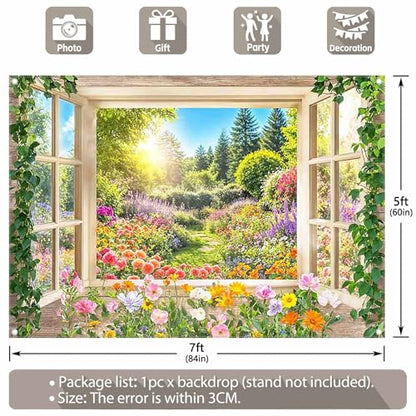 Fabric 7x5ft Spring Summer Garden Window Photography Backdrop Blooming Flowers Floral Nature Landscape Forest Background Kids Aldults Wedding Party Decorations Photo Props