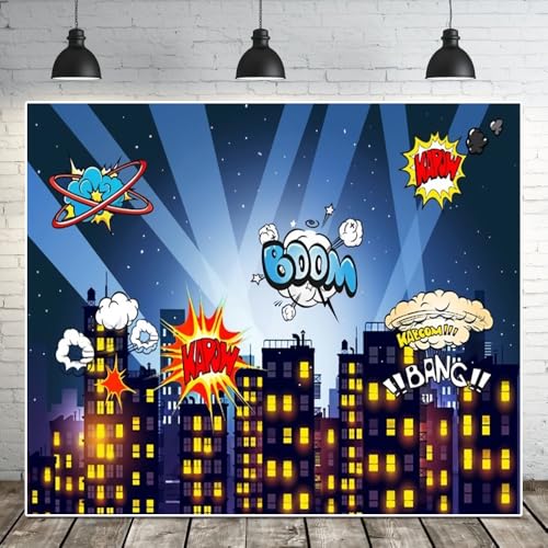 12x10ft Superhero Super City Photography Backdrops Cartoon Skyline Buildings City Boom Photo Backdrop Decorations Children Boys Birthday Party Cake Table Banner Background Studio Booth - size: 12X10FT