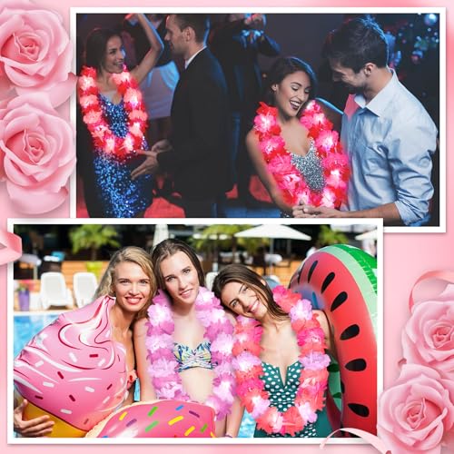 Sherr 24 Pcs LED Leis Light up Wedding Hawaiian Leis Flower Necklace with LED Lights Beach Tropical Carnival Party Wedding Supplies Luau for Masquerade(Pink Series) - color: Multi Pink