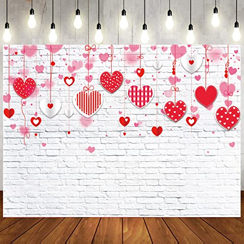 8x6ft Valentine's Day Backdrop White Brick Wall Red Hearts Photography Background Valentine's Day Wedding Bridal Shower Birthday Party Decor Banner Portrait 088 - size: 8x6ft
