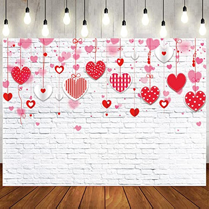 8x6ft Valentine's Day Backdrop White Brick Wall Red Hearts Photography Background Valentine's Day Wedding Bridal Shower Birthday Party Decor Banner Portrait 088 - size: 8x6ft