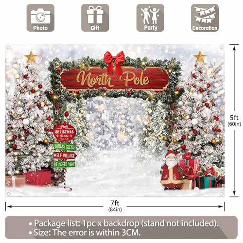 Fabric 7x5ft Merry Christmas Winter Bokeh Photography Backdrop North Pole Forest Snow Xmas Tree Background Santa Party Decoration Holiday Photo Banner Props - size: 7'x5'