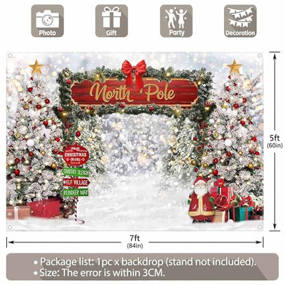 Fabric 7x5ft Merry Christmas Winter Bokeh Photography Backdrop North Pole Forest Snow Xmas Tree Background Santa Party Decoration Holiday Photo Banner Props - size: 7'x5'