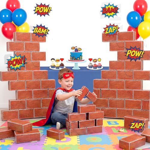 Tenceur 24 Pcs Hero Party Decorations 5.91 x 2.76 Inches 3D Red Brick Paper Box Photography Backdrop for Hero Themed Baby Shower Birthday Party Favor