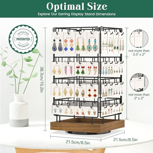 EsLuker.ly Rotating Earring Display Holder Stand for Vendors Events Selling, Large Capacity 64 Hooks Jewelry Rack with Wooden Base for Earring Card Sales, Enhances Retail Display Visibility - color: Brown+Black