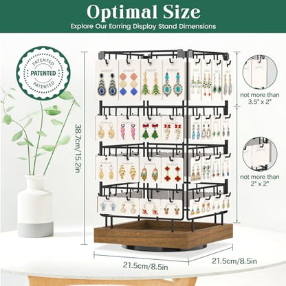 EsLuker.ly Rotating Earring Display Holder Stand for Vendors Events Selling, Large Capacity 64 Hooks Jewelry Rack with Wooden Base for Earring Card Sales, Enhances Retail Display Visibility - color: Brown+Black