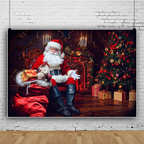 10x6.5FT Christmas Backdrop Santa Claus Christmas Tree Indoor Photography Rustic Vintage for Xmas New Year Theme Party Decor Banner Winter Gifts Background Photo Booth Photoshoot Studio Props - size: 10x6.5