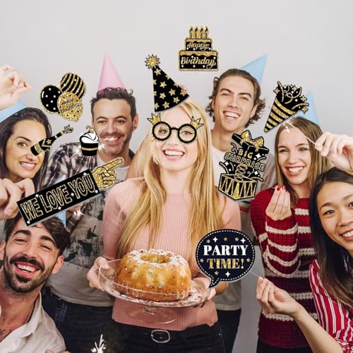 36PCS Birthday Photo Booth Props Party Supplies, Black Gold Photo Booth, Holiday Picture Decorations for Party Selfie Party Decorations and Gifts - size: Black Gold Photo Booth Props