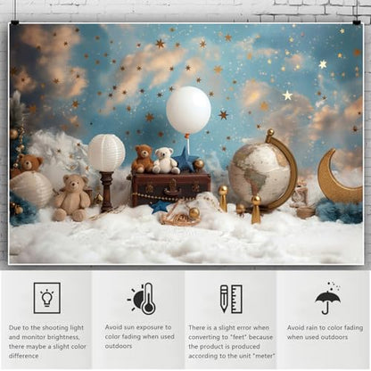 YongFoto Travel Adventure Theme Backdrop 5x3ft Cute Clouds Sky Stars Bear Globe Photography Background Adventure Awaits Baby Shower Girl Boy 1st 2nd Birthday Party Banner Kids Portraits Photoshoot - color: Style 3, size: 5ftx3ft