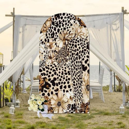 Leopard Texture Leopard Print Leopard Flowers Seamless Pattern 7.2FT Wedding Arch Cover Spandex Fitted Fabric Round Top Stretchy Backdrop Stand Covers for Wedding Birthday Party Decoration