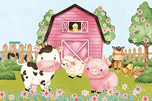 10x6.5ft Cartoon Farm Animals Party Backdrop Pink Barn Girl Baby Shower Birthday Photography Background Farmland Animals Cows Pigs Barnyard Backdrop Banner Cake Table Decoration Photo Booth Props - size: 10x6.5ft