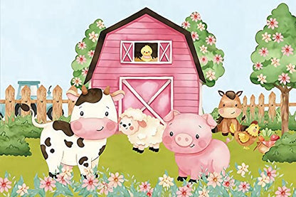 10x8ft Cartoon Farm Animals Party Backdrop Pink Barn Girl Baby Shower Birthday Photography Background Farmland Animals Cows Pigs Barnyard Backdrop Banner Cake Table Decoration Photo Booth Props - size: 10x8ft