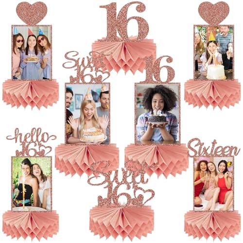 Guiruiy 8Pcs Happy 16th Birthday Decorations Honeycomb Centerpieces for Girls, Pink Rose Gold Glitter Sweet 16 Birthday Photo Table Centerpieces Party Supplies, Pink Sixteen Bday Photo Table Topper - style: Rose Gold 16th