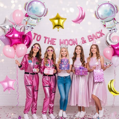 Pink Astronaut Balloons Set, 6 Pcs Space Balloon with Pink Gold Moon Star Balloon Helium for Girls Spaces Birthday Party Planet Theme Party Decoration Baby Shower Galaxy Planet Space Party Decorations - style: Pink Space