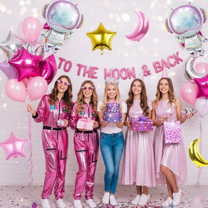 Pink Astronaut Balloons Set, 6 Pcs Space Balloon with Pink Gold Moon Star Balloon Helium for Girls Spaces Birthday Party Planet Theme Party Decoration Baby Shower Galaxy Planet Space Party Decorations - style: Pink Space