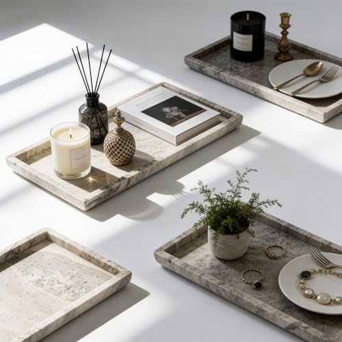 Natural Travertine Marble Vanity Bathroom Tray, 12 x 6 Inch Elegant Home Decor Tray for Kitchen,Bathroom,Dresser, Coffee Table,Sink Storage Holder Organizer, Gray Travertine (NS052) - color: Gray Travertine, size: 12" x 6.1" x 0.8"
