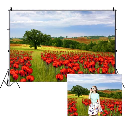 7x5ft Spring Blooming Red Floral Backdrop Watercolor Plant Flowers Park Photography Background Rustic Nature Scenery Backgrounds for Kids Birthday Party Decor Wedding Photo Booth Props - color: Red Floral, size: 7x5ft
