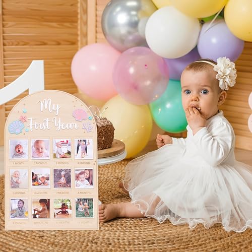 Mermaid Monthly Wooden Photo Board - Under The Sea 1st Birthday Party Decoration, Ocean Themed Milestone Board, 12-Month Photo Frame, Underwater World 1-12 Month Milestone Photo Board