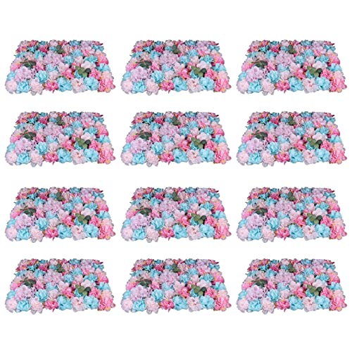 LOYALHEARTDY Artificial Flower Wall Panels 12 Pack 16 x 24 Flower Walls Mat Silk Rose Hydrangea Flower Panels for Backdrop Event Party Wedding Wall Decoration - color: 12 Pcs, Blue+pink