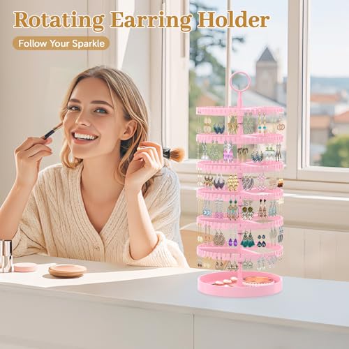 MODOWEY 6 Tier Rotating Earring Holder Organizer Display Tree with Metal Tray, Adjustable Plastic Stand with 342 Slots for Stud Hoop Hanger, Large Capacity Storage Rack for Women, Pink - color: Pink