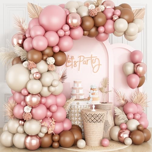 Dusty Pink Balloon Arch,Boho Balloon Garland with Blush Pink and Brown Rose Gold White Sand Balloons for Girl Baby Shower Bridal Valentines Day Wedding Birthday Party Decorations - color: Dusty Pink