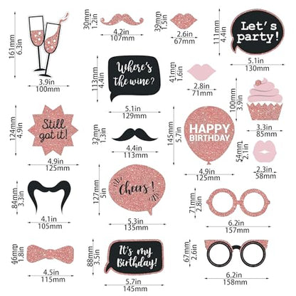 Party Birthday Photo Booth Props, 30Pcs Set of Happy Birthday Selfie Party Supplies with Real Glitter Cute Bday Designs for Women or Girls,Easy to Assemble(Rose Gold) - style: Party Birthday Props