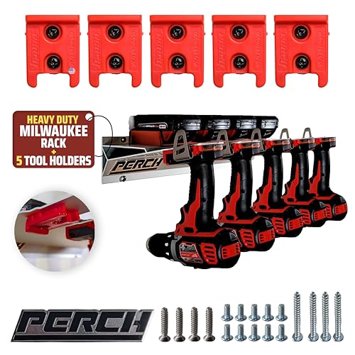 PERCH Tool Holder Rack for Milwaukee M18 18v | Securely Mounts 5 Cordless Tools | Universal Mounting | Most Durable Cordless Tool Organizer