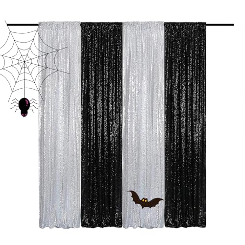 Sequin Backdrop Curtains 2FTx8FT 4 Panels Glitter Drapes Sparkly Photography Background for Wedding Birthday Party Bridal Baby Shower (Silver x 2+Black x 2) - color: Silver and Black, size: 2FTx8FT-4PCS