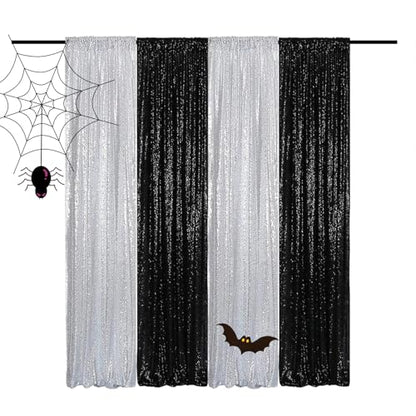 Sequin Backdrop Curtains 2FTx8FT 4 Panels Glitter Drapes Sparkly Photography Background for Wedding Birthday Party Bridal Baby Shower (Silver x 2+Black x 2) - color: Silver and Black, size: 2FTx8FT-4PCS