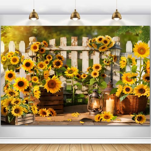 Rustic Sunflowers Backdrop Rustic Wooden Fence Sunflower Floral Photography Background for for Girls Woman Garden Party Banner Decoraitons Portrait Photo Booth Studio Props 7x5ft FU013DX - size: 7x5ft