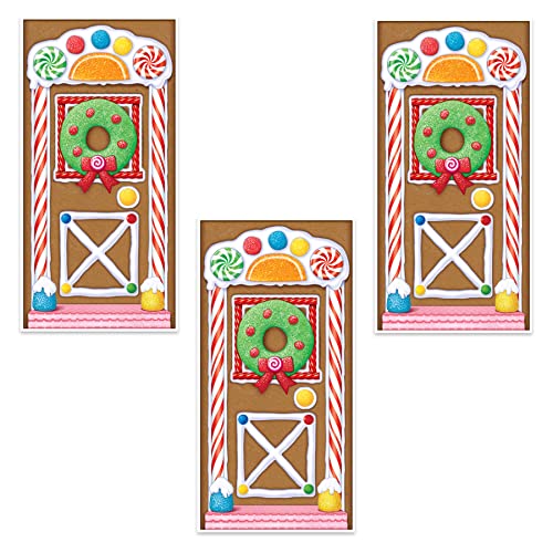 Beistle Gingerbread House Door Covers, 5’ x 30”, 3 Pieces – Magical Festive Winter Holiday Decor - Plastic for Indoor and Outdoor Use - Easily Display - Vibrant Candy Theme Christmas Decorations - style: Gingerbread House - 3 Piece