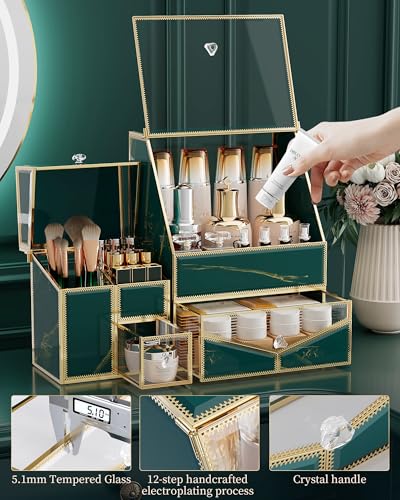 Youdepot Glass Makeup Organizer for Vanity and Bathroom Countertop – Large Cosmetic Display Case and Skincare Storage Solution - color: Green