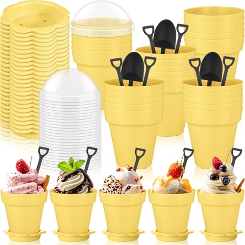 Honeydak 25 Pack Flowerpot Dessert Cup Plastic Cake Cups with Lid Shovel Spoon Mini Flower Pot Dessert Cups Ice Cream Yogurt Cupcake Holder Containers for Birthday Party Supplies DIY Baking (Yellow) - color: Yellow