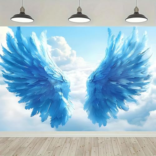 Blue Big Angel Wings Backdrop Fantasy Sky White Cloud Holy Heaven Sent Baby Shower Decorations for Adult Birthday Wedding Party Decoration Boy Girl Artistic Portrait Photo Studio Props (A, 6X4FT) - color: A, size: 6X4FT