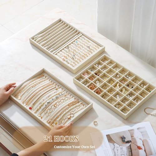 Large Velvet Jewelry Tray 2 Pack Stackable Jewelry Display Drawer Inserts Trays Organizer for Earring Bracelet Necklace Ring (Beige, 20 Hooks) - color: Beige, size: 20 Hooks
