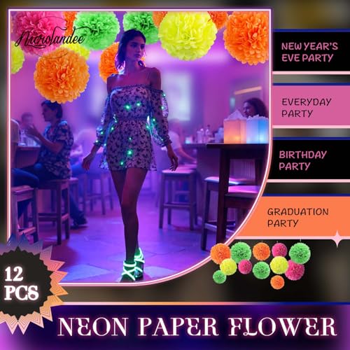 NICROLANDEE Blacklight Party Decorations - 12 PCS Fluorescent Neon Tissue Paper Pom Poms for Birthday, Wedding, Baby Shower, Glow-in-The-Dark, Neon, Prom Dance Party Photography - style: Neon