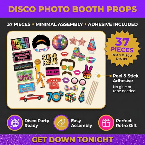 Disco Photo Booth Props - 37 Pieces - 1970s Retro Disco Party Supplies, Decorations and Gifts