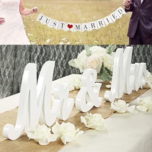 Mr & Mrs Signs Wedding Table Decorations - Wooden Freestanding Letters for Photo Props, Rustic Anniversary Decorations (White + Banner) - color: White with banner