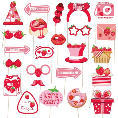 Strawberry Photo Booth Props, 24 Pieces with Sticks, Berry Sweet Theme Selfie Props, Summer Fruit Birthday Party Supplies, Photography Backdrop Decorations