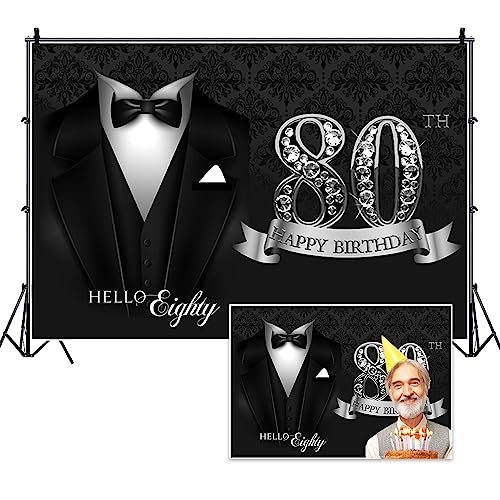 5x3ft Men 80th Birthday Tuxedo Background Black Necktie Suit Tuxedo Happy Birthday Photography Backdrop Hello Eighty Silver Diamond Luxury Birthday Party Supplies Portrait Photo Shoot Props - color: black silver 80, size: 5x3ft