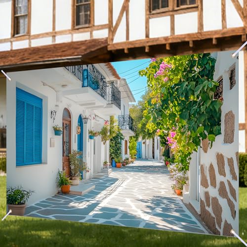 Nuxovilar Greek Town Street Backdrop Polyester 90.55x70.86 Inches Photo Backdrop for Photography Mediterranean Travel Event Decor - color: KK00258
